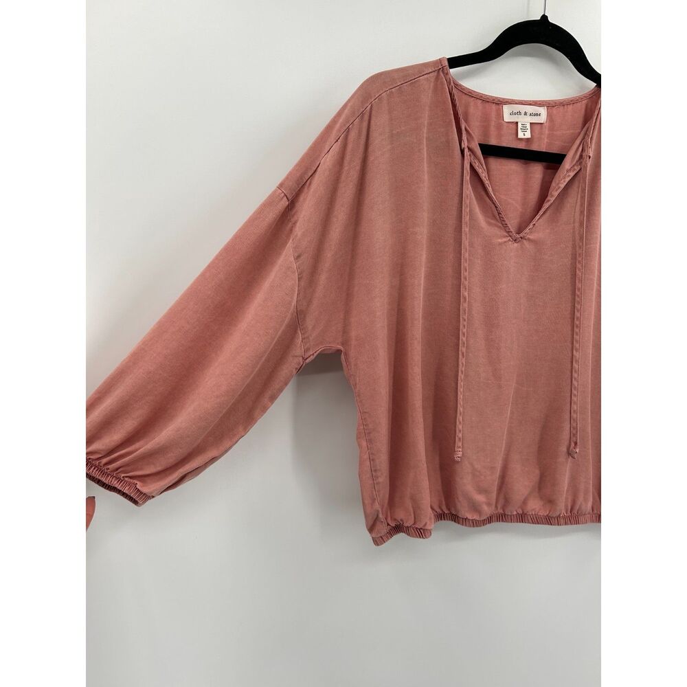 CLOTH & STONE Dusty Rose Pink Tencel Split Neck Tie Balloon Sleeve Blouse Small - Picture 3 of 5